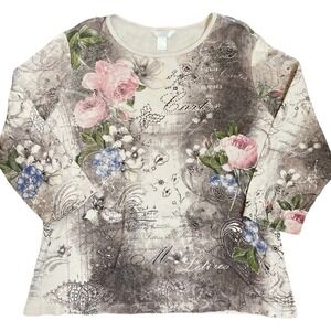 Vintage Christopher Banks Floral Graphic‎ T-Shirt L Rhinestone Tattoo Y2K Fairy